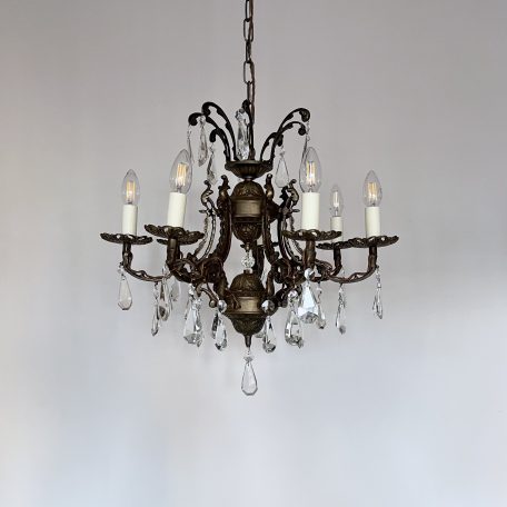 French Ornate Brass Chandelier with Crystal Drops