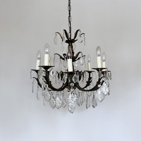 French Ornate Brass Chandelier with Flat Leaf Glass Drops