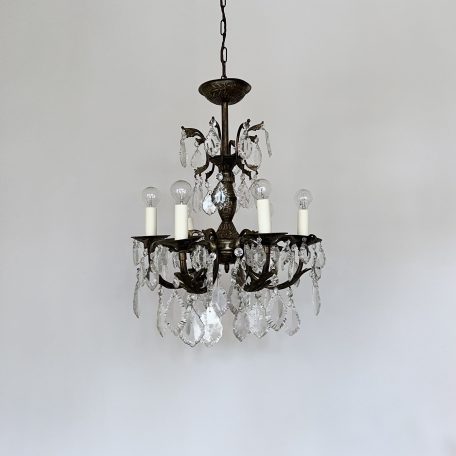 Small French Ornate Brass Chandelier with Flat Leaf Glass Drops