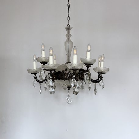 French Brass Frosted Glass Chandelier with Crystal Drops