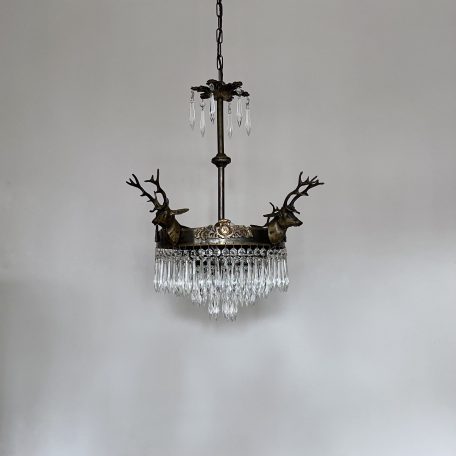French Brass Waterfall Chandelier with Decorative Stag Heads