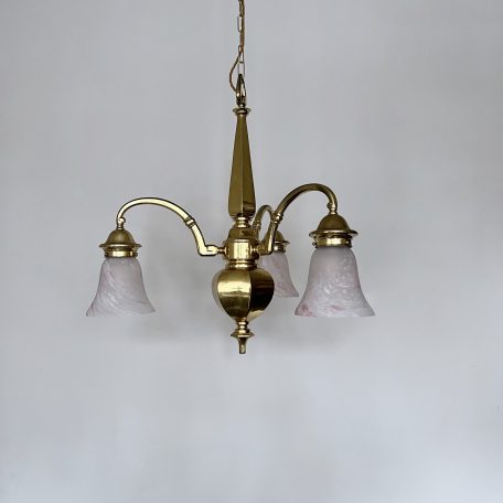 Polished Brass Downlighter Chandelier with Pink Mottled Glass Shades