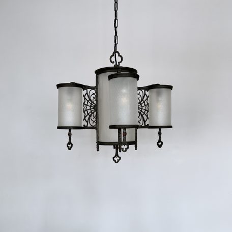 Wrought Iron Art Deco Lantern Pendant with Original Frosted Glass Cylindrical Shades