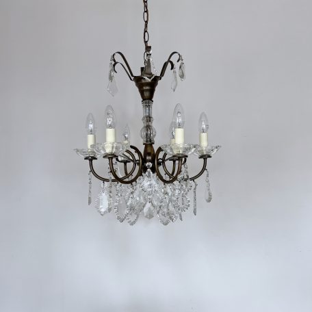French Brass Chandelier with Glass Bobéchè Pans