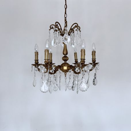 French Ornate Cast Chandelier with Flat Leaf Glass Drops