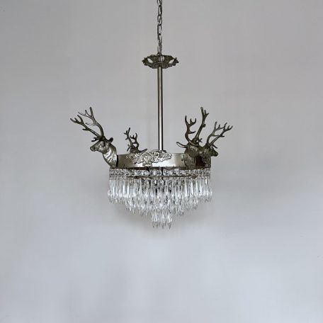 French Silvered Waterfall Chandelier with Decorative Stag Heads