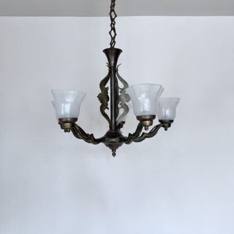 French Cast Brass Chandelier with Opaque Tulip Shades