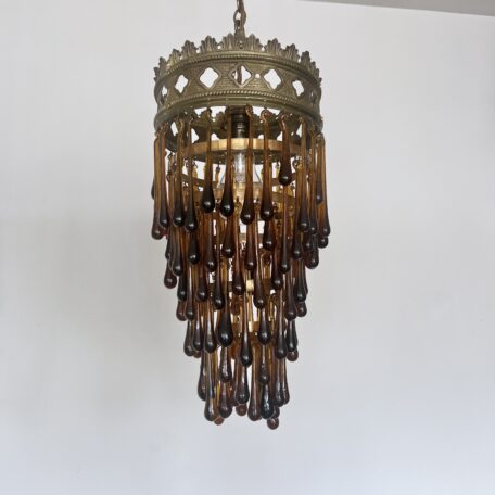 Pair of Antique Brass Waterfall Chandeliers with Brown Glass Teardrops