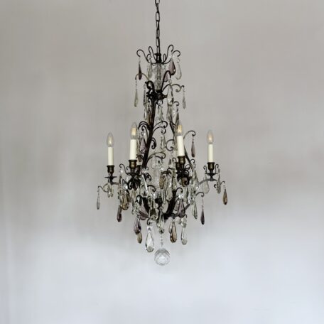 Large French Brass Birdcage Chandelier with Smokey Crystal Drops