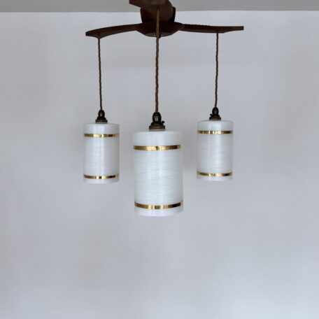 70s Wooden Chandelier Pendant, Three White Glass Shades with Decorative Gold Bands