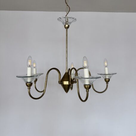 Mid Century Brass Chandelier with Murano Glass Bobéche Pans