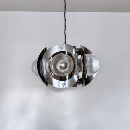 Mid Century Chrome and Wooden Pendant with Newly Made Ribbed Globe Shades