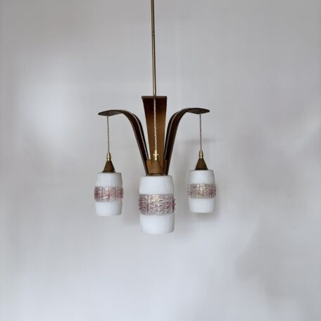 Mid Century Wooden Chandelier with Decorative Glass Shades