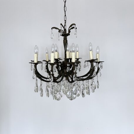 Large Ornate Brass Chandelier with Harlequin Glass Drops