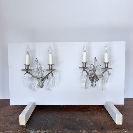 Pair of French Silver Nickel Wall Lights with Glass Flat Leaf Drops