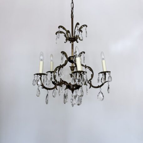 French Ornate Brass Chandelier with Cut Glass Harlequin Pear Drops