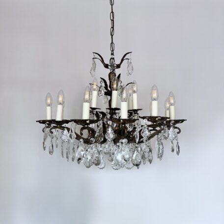 Large Brass Chandelier with Glass Flat Leaf and Cut Glass Pear Drops
