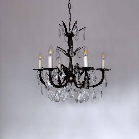 French Ornate Brass Chandelier with Pears and Flat Leaf Glass Drops