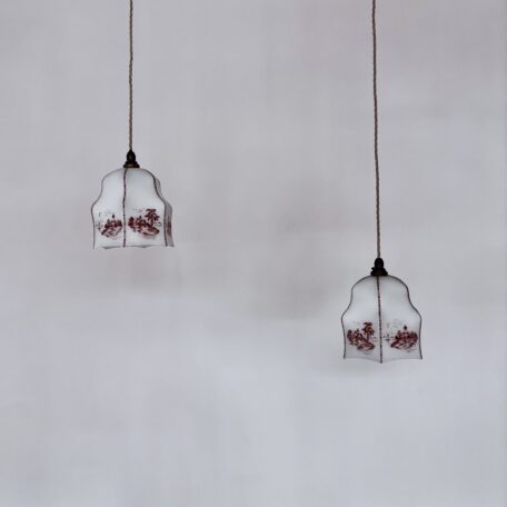 Pair of White Glass Shades with Red Decorative Motifs