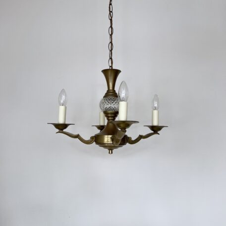 Brass Four Arm Chandelier with Faceted Glass Stem Detail