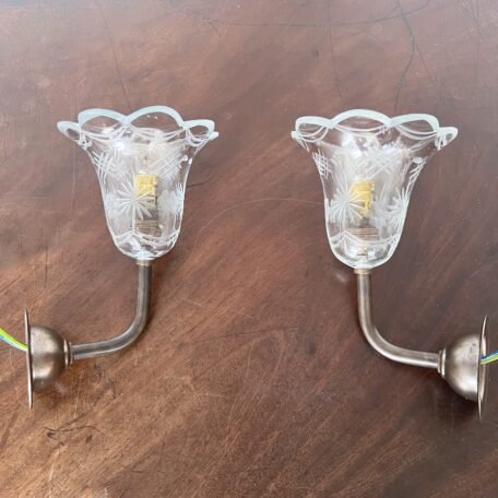 Clear Etched Glass Bell Shade Wall Lights, Antique Brass