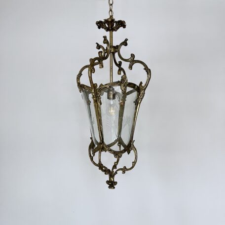 Large Ornate Heavy Cast Floral Brass Lantern with Curved Etched Glass