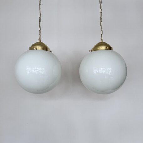 Pair of Large Early 20th Century English Opaline Glass Shades with New Polished Brass Gallery Fittings